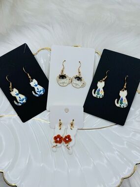 Cat Themed Earrings Bundle Lot – Coffee Cup, Floral, Blue & White Cats